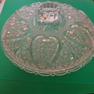 vintage Maylasia clear glass hearts fleur de lis candy dish